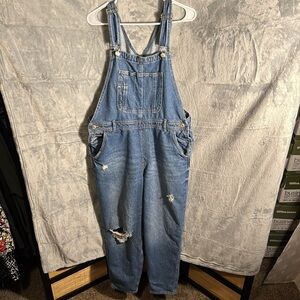 & Denim Overalls women’s size large with Front‎ Pocket distressed adjustable